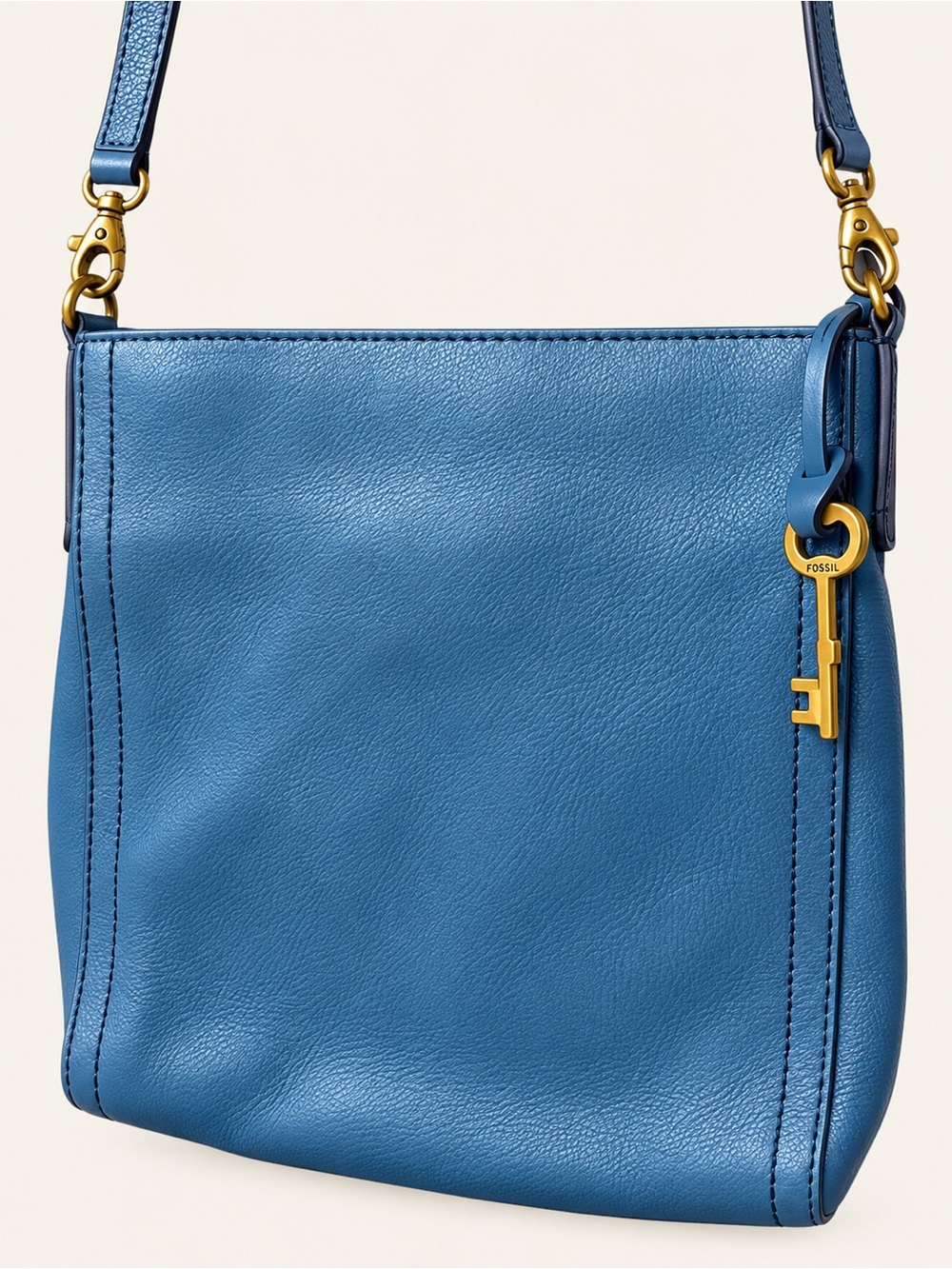 Fossil Blue Leather Crossbody Bag Gold Key Charm Adjustable Strap